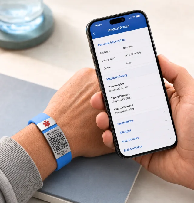Blue MyQRMed medical alert bracelet with a scannable QR code worn on a wrist, beside a phone showing the wearer's emergency medical profile with their conditions and contacts